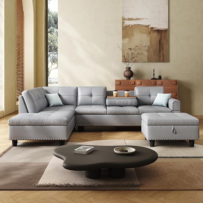 97.5 Oversized Sectional Couch L Shaped Couchwith Storage Ottoman Modern Modular Sofa withDeep Seat Sectional Couches for Living Room andOffice Faux Leather Sofa (Gray 97.5 inch &amp Ottoman)