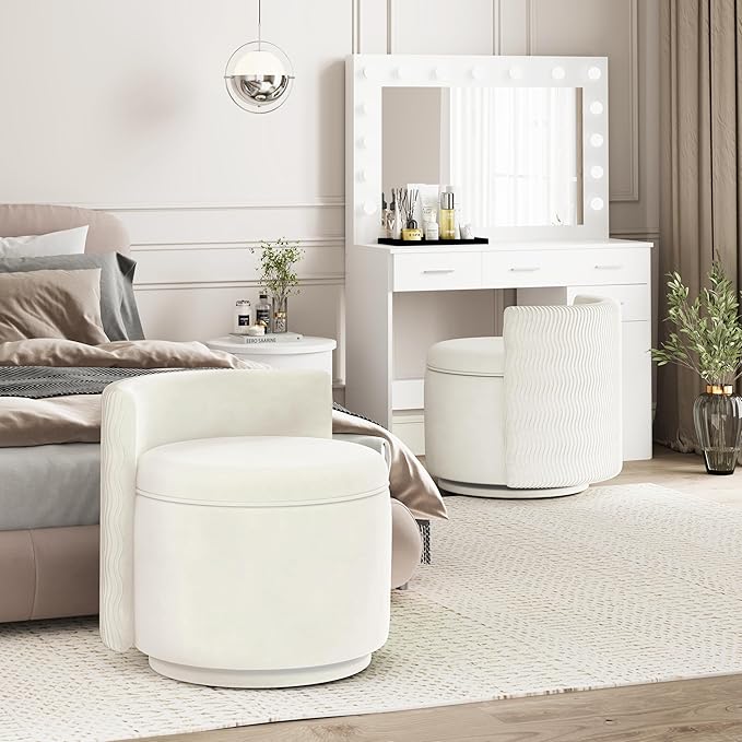 360° Swivel Accent Chair with Storage Vanity Stool with Back Velvet Storage Ottoman Upholstered Round Barrel Vanity Chair for Living Room Makeup Room Bedroom (Off White)