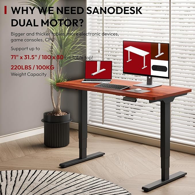 SANODESK 48 Electric Standing DeskOne-Piece Dual Motor Height Adjustable Desk Stable and Durable 3-Stage Stand up Desk for Home Office (Black Frame/48 x 30 Inch Mahogany top)