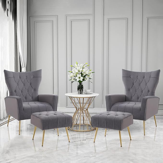 Velvet Accent Chair with OttomanUpholstered Tufted Wingback Arm Chair Modern Decorative Chairs with Gold Metal Legs for Bedroom Living Room (Grey1 Chair)