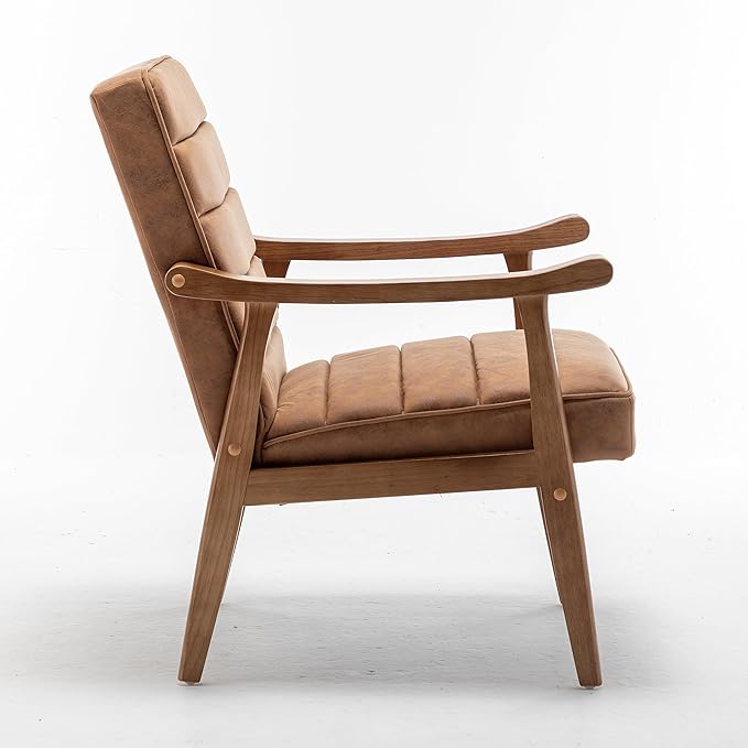 Unique Mid Century Modern Accent Chair with Open-Framed Armchair Design Plush Foam Cushioning and Leather-Look Microfiber Seat and Back Cushions Brown