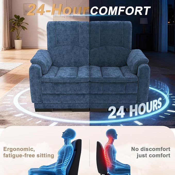 Boneless Loveseat Sofa High-Density Cloud-Like Double Cushion Floor Sofa Couch Chenille Small Boneless Couch for Living Room 850 lb Support Raised Backrest Ergonomic Easy Assembly Blue