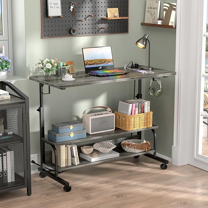 39 Height Adjustable Standing Desk with Power Outlets - Manual Rolling Stand Up Desk with Wheels Small Portable Computer Desk Mobile Laptop Table with Storage Shelves for Home Office Grey Oak