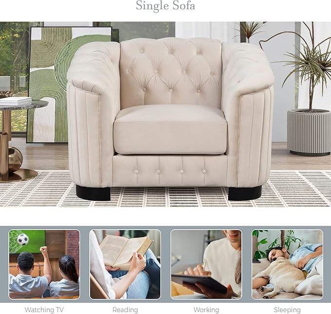 41.5 Velvet Upholstered Accent SofaModern Single Sofa Chair with Thick Removable Seat Cushion for Living RoomBedroomor Small SpaceBeige