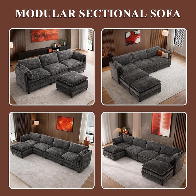 108 U Shaped Couch Comfy Cloud Modular Sectional Sofa with Movable Ottoman Deep Seat Chenille Modern Cloud Sofa Sectional Couches for Living Room Apartment (Gray 4 Seater with 1 Ottoman)