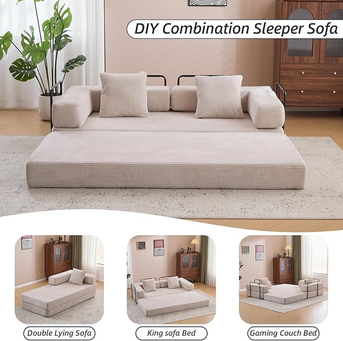 Corduroy Light Grey Folding Convertible King Size Sofa Bed with Pillows Modern Floor Couch 76.77L x 37.4W x 23.62H