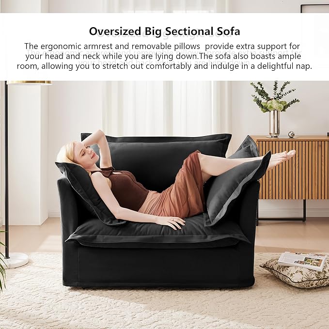 Aoowow Oversized Modular Sectional Sofa Chair Set of 2 49” Chenille Fabric Single Armchair Comfy Deep Seat Couch Sofa with Big Toss Pillows for Living Room Apartment Office(Black-Chenille)