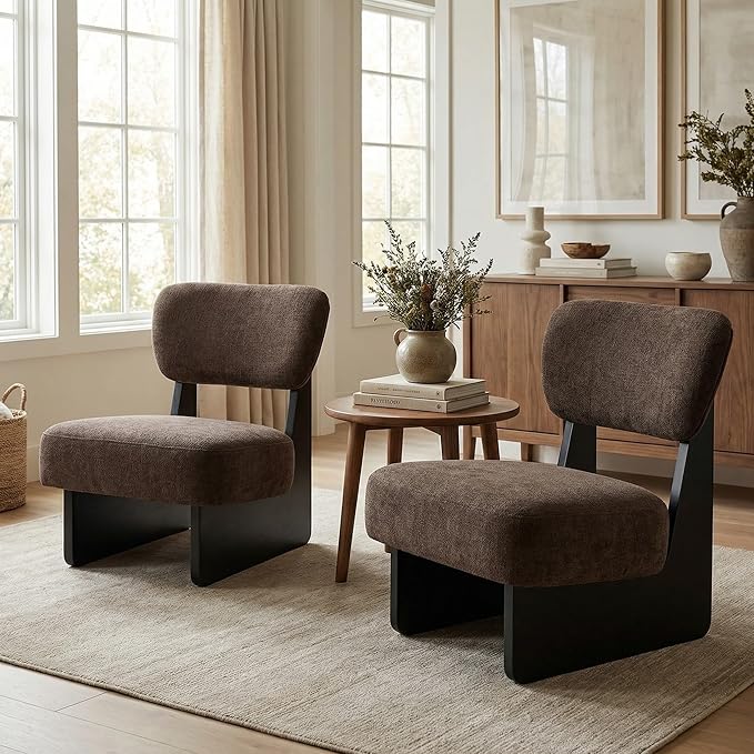Christopher Knight Home Mores Low Profile Accent Chair Set of 2 Modern Living Room Armless Lounge Chair Fabric Comfy Reading Chair for Bedroom Wooden Frame and Thick Padded Seat Black+Dark Brown