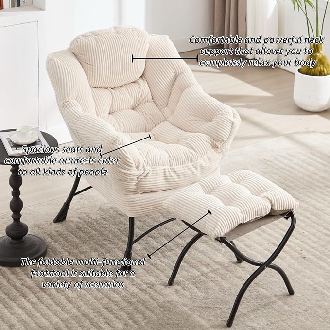 Modern Lazy Chair with Ergonomic Ottoman Comfortable Lounge Chair with Footrest for Space Saving Comfy Reading Armchair for Living Room Bedroom Office White