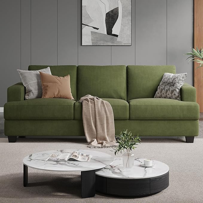 89 Inch Sofa with Extra Deep Seats Oversize 3 Seater Sofa for Living Room Modern Couch and Sofa Comfy Armrests and Seats and Backrests Easy Installation Corduroy Fabric Green