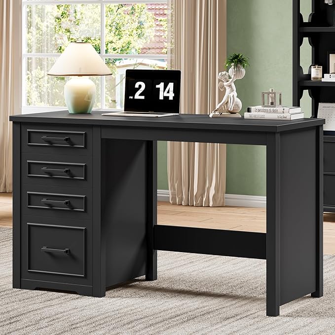 Vabches Farmhouse 49” Executive Desk with File Drawer 4 Drawers Reversible Computer Desk with Storage Rustic Home Writing Workstation for Home Office.Black