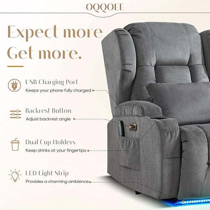 Wall Hugger Power Recliner Chair with Massage &amp Heat Electric Home Theater Reclining Chair with Cup Holder USB Port LED Light Linen Living Room Chair (Grey Single)