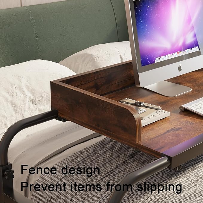 Overbed Table with Wheels Bed Desk Recliner Table Adjustable Height Laptop Table Queen King Size Over The Bed Table with Wheels &amp Heavy Duty Metal Leg Laptop Desk for Recliner (Rustic Brown)