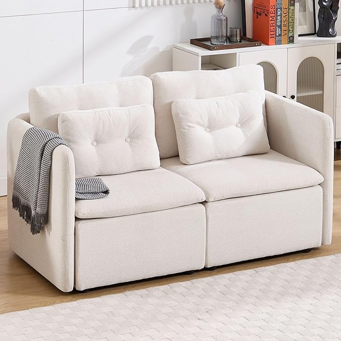LukeAlon Chenille 56.5 Loveseat Sofa with Waist Pillow Modular Sectional Sofa Couch with Ottoman Comfy Upholstered 2 Seater Lounge Sleeper Couch Sofa for Living Room Apartment Office Beige