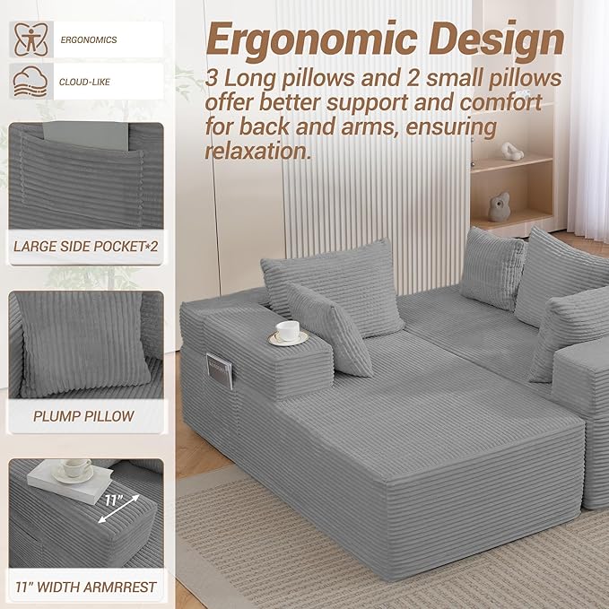 105'' Cloud Sectional Couch Modular L-Shaped Boneless Sectional Sofa Corduroy Deep Seat Couch Small Space Sofas for Living Room Bedroom Apartment No Assembly Grey