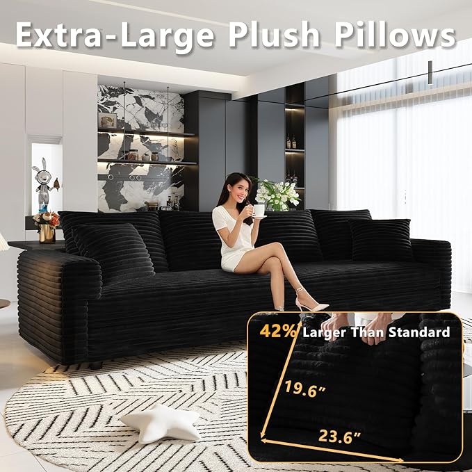 102.4'' Oversized Corduroy Couch Modular Sectional Sofa with 2 Ottomans Upholstered 4 Deep Seat U Shape Sofa Convertible Cloud Couches with Chaise Lounge for Living Room Apartment Black