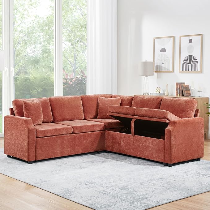 81.9 Sectional Sofa Convertible Pull-Out Sofa Bed Upholstered L-Shaped Sofa Couch with a Sofa Sleeper and a Hidden Storage Compartment for Living Room Apartment (Orange-7.2)