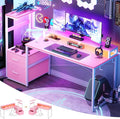 Aheaplus Gaming Desk with LED Strip &amp Power Outlet 59Inch Reversible Computer Desk with Monitor Stand &amp Storage Shelves Home Office Desks with Fabric File Drawer Gamer Table PC Desk Pink