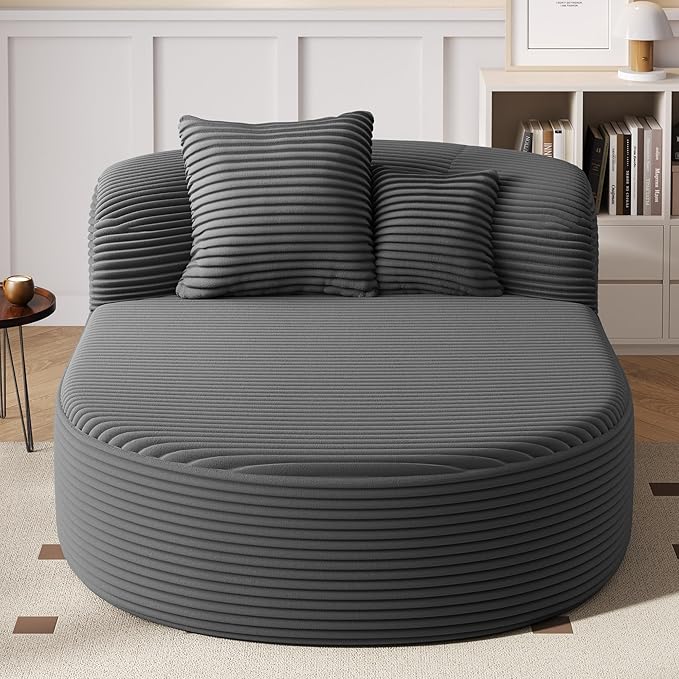 Modern Corduroy Fabric Chaise Lounge Chair Indoor Boneless Couch 51.6 Sofa Bed with Two Supportive Pillows for Living Room Office (Gray/R1)