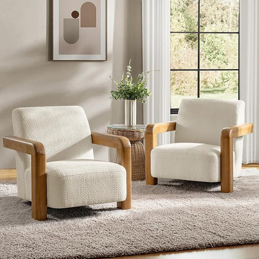 HULALA HOME Boucle Accent Chair Modern Low-Profile Leisure Armchair with Thick Padded Seat Cushion Solid Wood Frame &amp Curved Armrests Ideal for Living Room/Bedroom/Reading Corner(Beige Set of