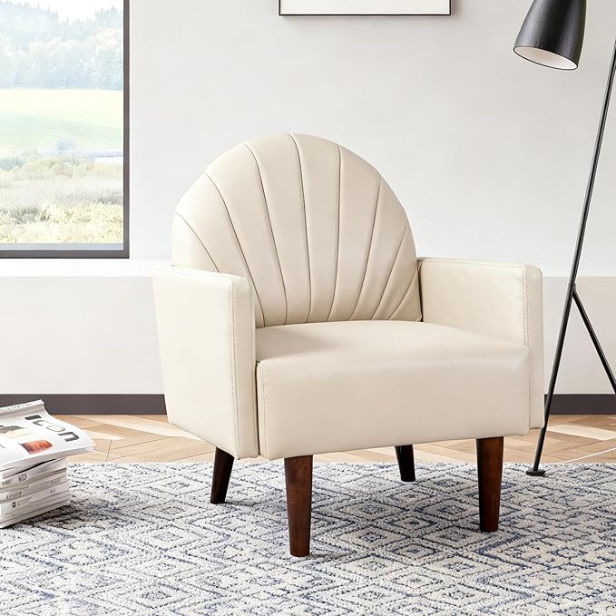 PU Accent Chairs for Living Room with High-Density Foam Cushion Mid-Century Single Sofa Armchair with Solid Wood Legs Upholstered Reading Chair for Bedroom Home Office (Shell Khaki 3 Set)