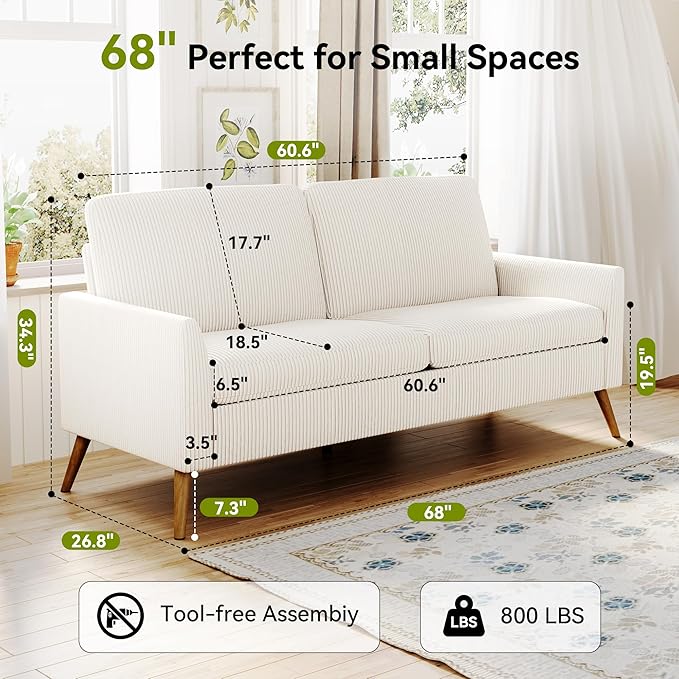 68 Loveseat Sofa Comfy White Corduroy Couches for Living Room Mid Century Modern Love Seat Sofa Tool-Free Setup Small Couches for Bedroom Office
