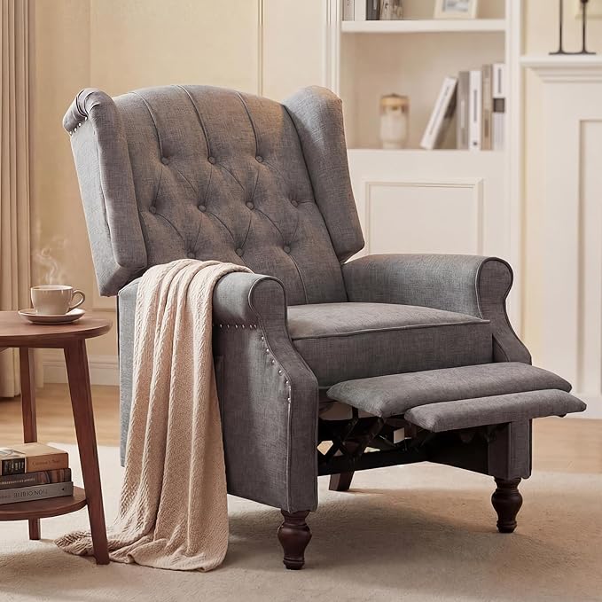 MANBUR Wingback Pushback Recliner Chair Upholstered Tufted Recliner with Massage and Heat Tufted Armchair Single Sofa Reclining Sofa for Living Room Bedroom or Club (Gray)