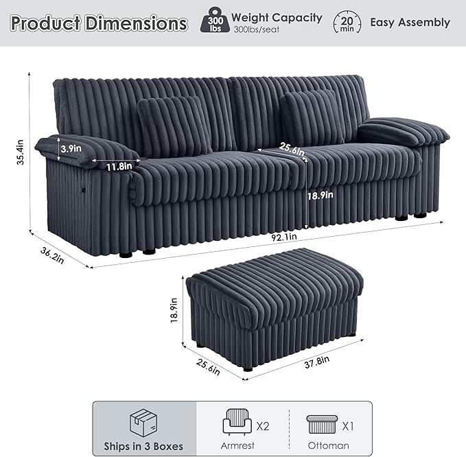 HIFIT 92 Sectional Loveseat Sofa Modern Cloud Couch L Shaped Modular Sectional Sofa with Deep Seat Storage Ottoman USB Port Corduroy Home Sofas Living Room Set Love Seat for Bedroom Office Grey