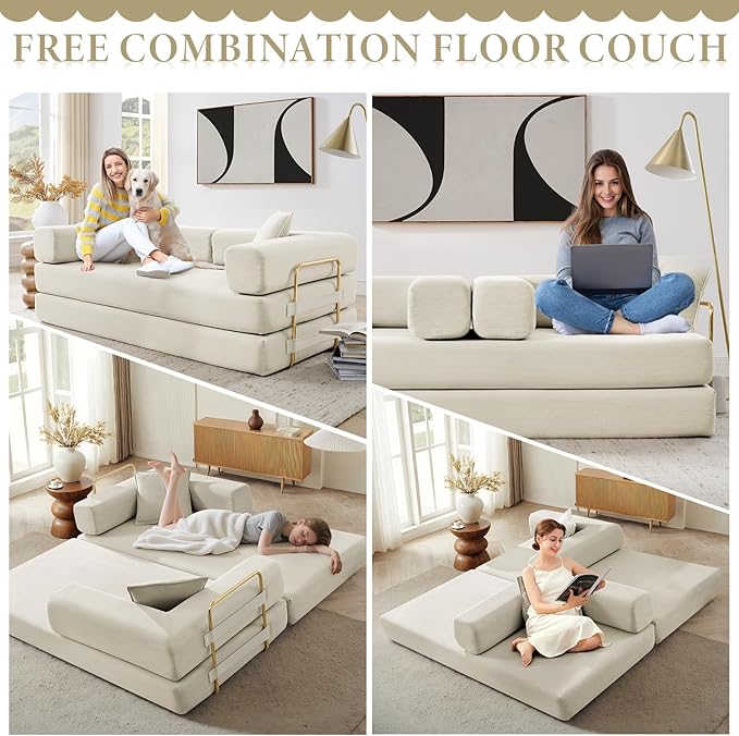 Folding Sofa Bed Convertible Corduroy Fabric Comfy Loveseat Sleeper Bed Modular Foam Compression Sofa Couch Floor Lazy Chaise Lounge for Guest Room Living Room Studio (Beige)