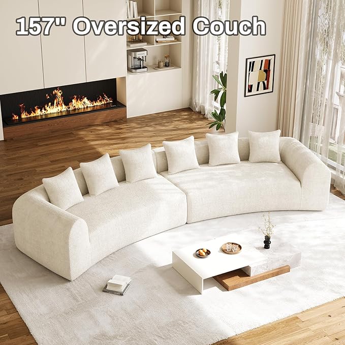 157 Oversized Curved Sectional Sofa Cloud Comfort Design with Wide Armrests Premium Chenille High-Density Foam Modern Curved Couch for Living Room with 6 Pillows No Assembly Beige