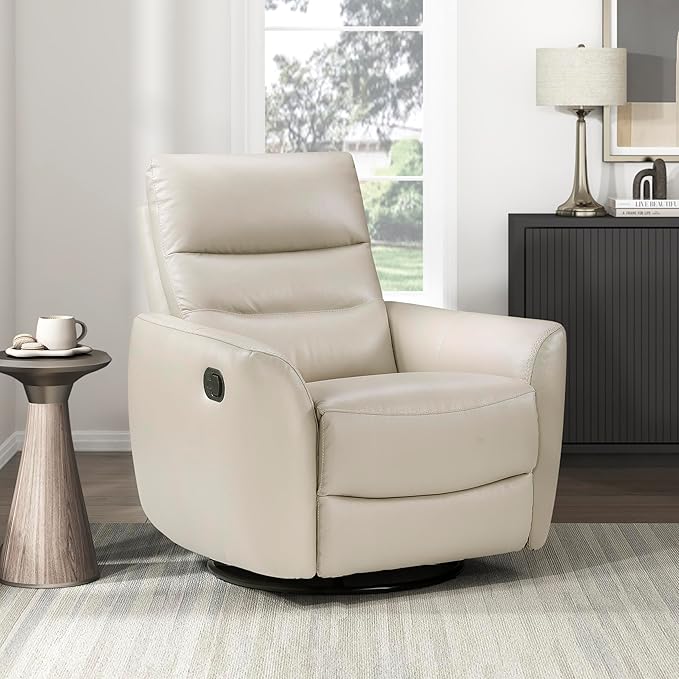 Lexicon 360 Degree Swivel Glider Reclining Chair Manual Tab Pull Recliner Leather Match Swivel Glider Recliner with Plush Foam Sturdy Frame for Living Room/Office/Bedroom Taupe