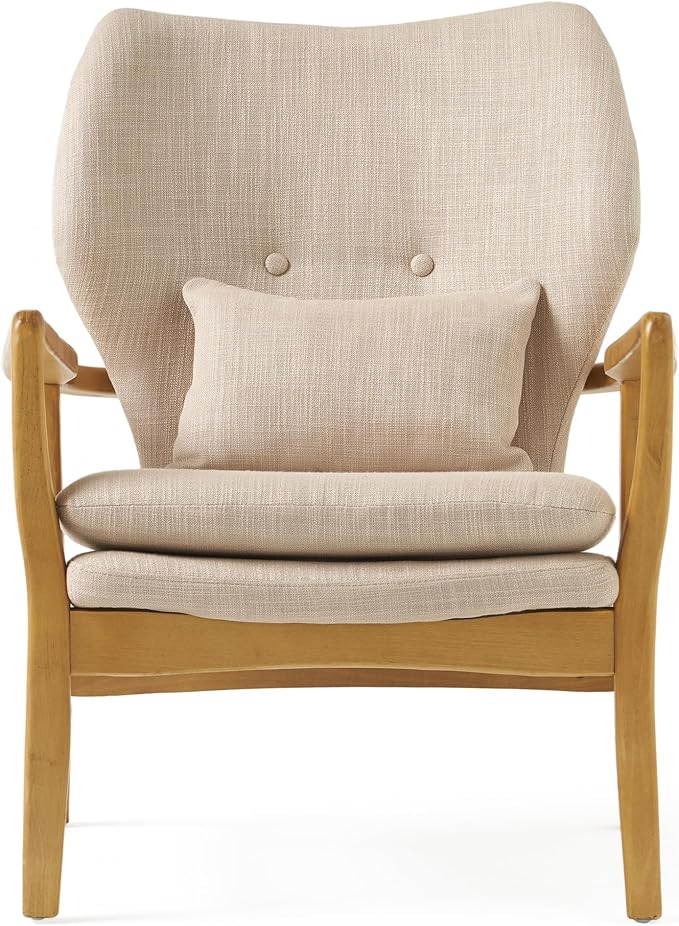 Mid-Century Accent Chairs Modern Upholstered Living Room Chair Cozy Armchair Button Tufted Back and Wood Legs for Bedroom/Office/Cafe/Living Room (Beige)