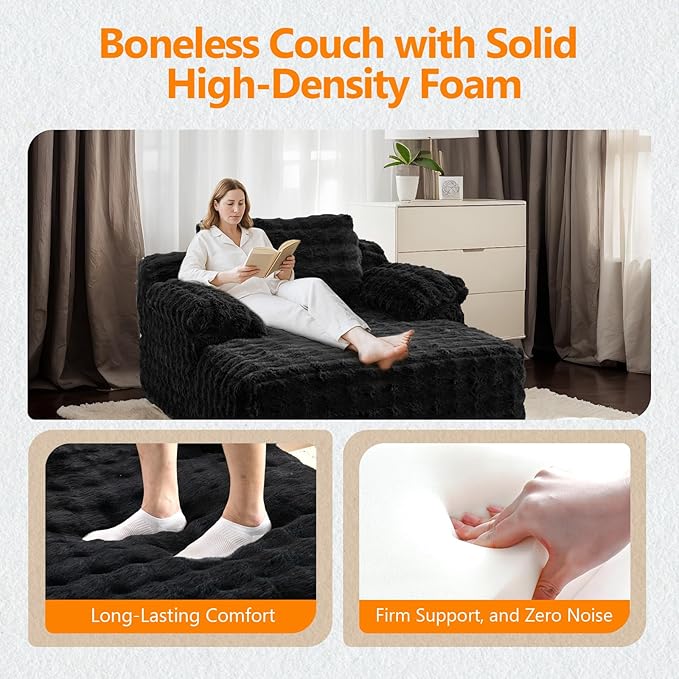 VINGLI 67.7 Oversized Chaise Lounge Chair Indoor Reading Chairs Comfy Bubble Fleece Upholstered Boneless Sofa Bed Sleeper Sofa Cloud Couches for Living Room Bedroom Play Room (Black)
