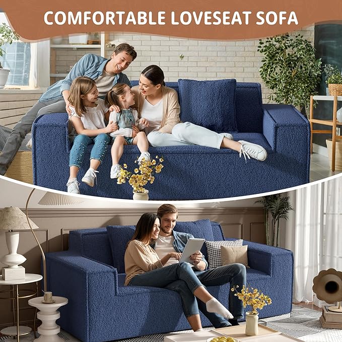 75'' Cloud Loveseat Sofa No Assembly Required Comfy Deep Seat Teddy Couches 1 pcs for Living Room Bedroom Apartment(Teddy Fabric-Blue)