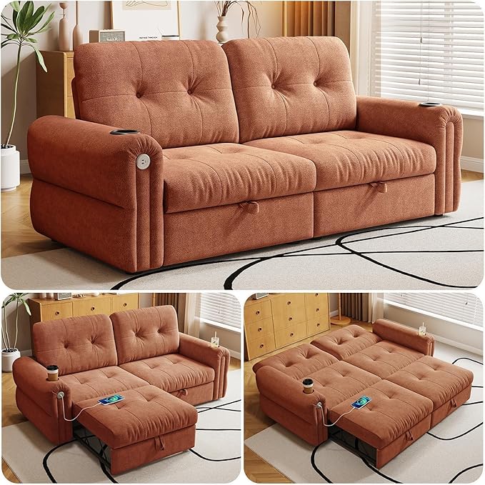 77 Pull Out Sofa Bed Velvet Convertible Sleeper Couch Loveseat Chaise Lounge with Cup Holder and USB Pullout Futon Sofa Bed for Living Room Bedroom Small Spaces RV (Orange-)