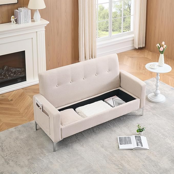 57 Beige Suede Couch Mini Comfy Sofa with Spring Cushions Loveseat Storage Sofa for Bedroom Small Couch for Small Spaces Modern Living Room 2 Seater Sofas with Pillow Seat (Beige)