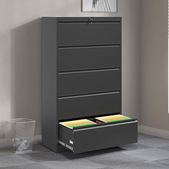 5 Drawer Metal Lateral File Cabinet with Lock Locking Filing Cabinet for Home Office Under Desk Storage Cabinet Organizer for Legal/Letter/A4/F4 SizeBlack