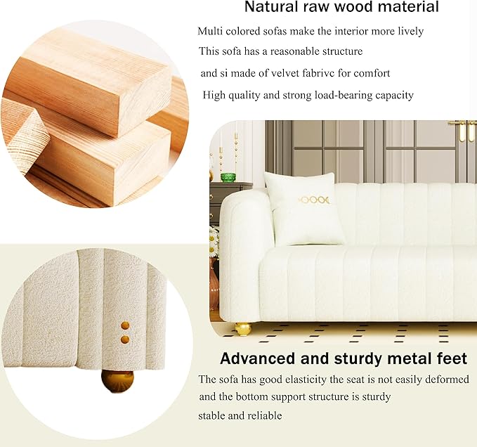 83 Velvet White Couch Modern Sofas for Living Room Cream Sofa 3 Seater Solid Wood Frame with Gold Metal Legs and Two Pillows Comfy Teddy Sofa ﻿