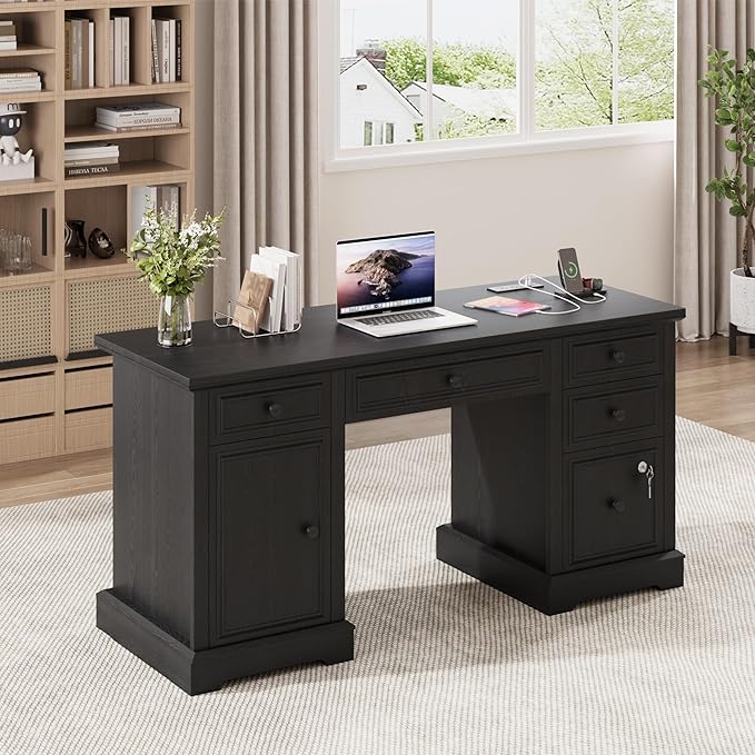 Vipbear 59 Executive Desk Farmhouse Computer Desk with Drawers Lockable File Drawer Storage Cabinet &amp Power Outlet Rustic Home Office Desks Workspace for Work Study Writing Black