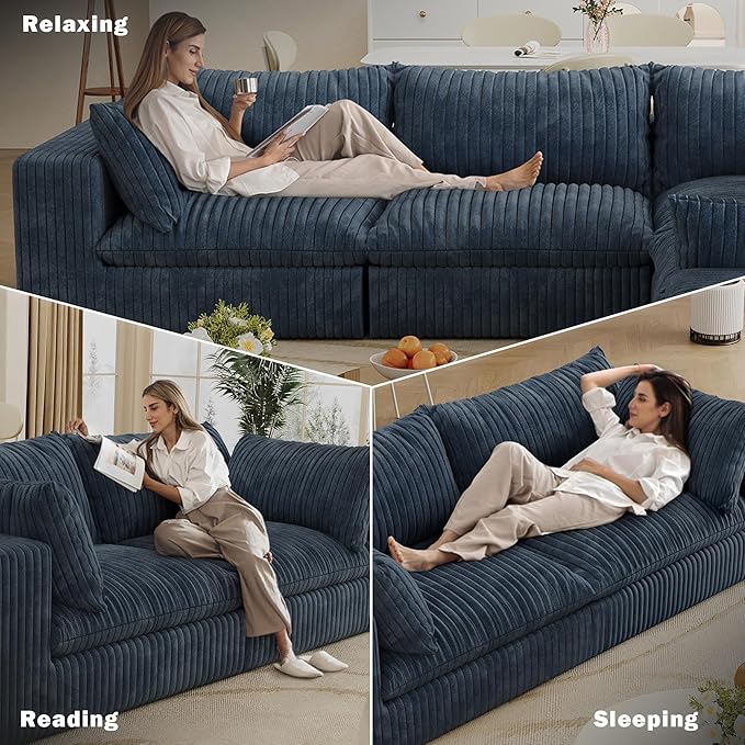 118.2 Modern V Shaped Corner Sofa Comfy Modular Sectional Cloud Couch with Plush Corduroy Fabric Deep Seat Upholstered Sofa Fluffy Boneless Couches for Living Room No Assembly (Blue)