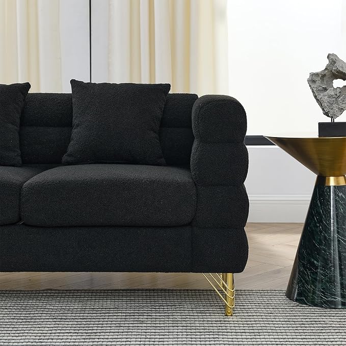 Loveseat Modern Sofa 60 Teddy Boucle Comfy Cloud Couch Upholstered Deep 2 Seater Sherpa Couch Set with Stylish Metal Legs for Living Room Home Office Bedroom Apartment Black