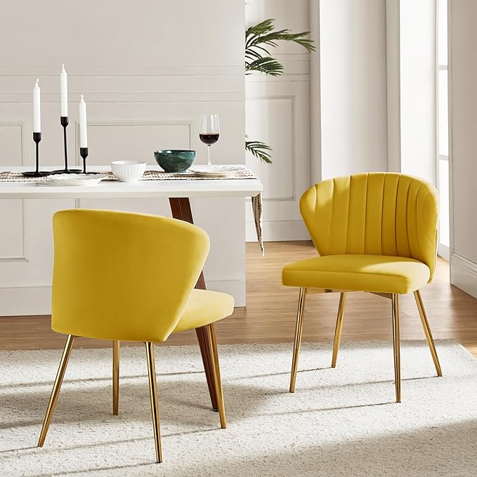 HULALA HOME Velvet Dining Chairs Modern Small Armless Accent Chair with Gold Metal Legs Living Room Upholstered Cute Side Chair Elegant Tufted Back Vanity Chair-Yellow