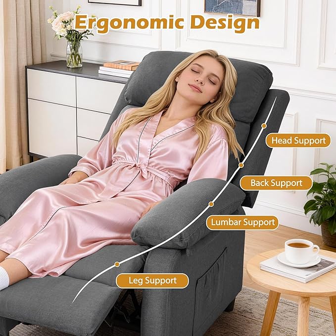 Recliner Chair Living Room Chairs for Adults Padded Deep Seat Reading Chair with Side Pockets Small Recliners for Small Spaces Lounge Chair for Living Room Bedroom and RV (Linen)