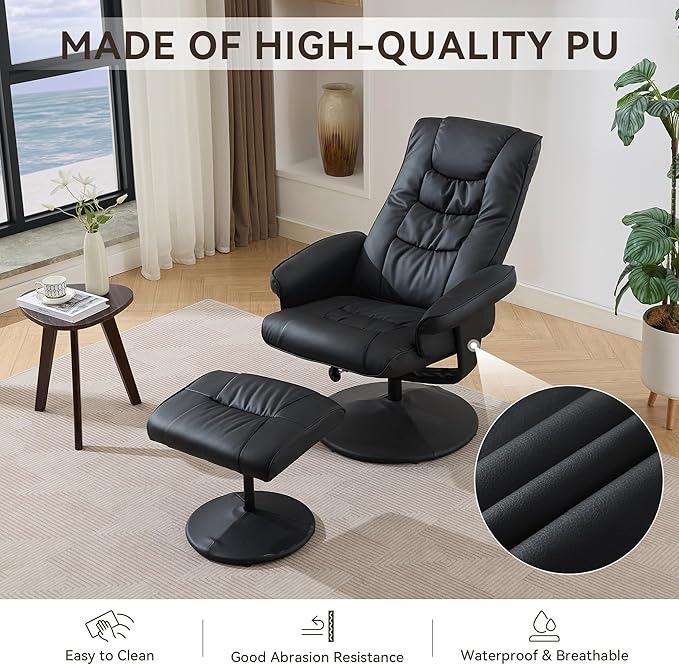 360° Swivel Office Chair with Ottoman Massage Lounge Chair with 5-Point Vibration &amp Heated Seat 140° Adjustable PU Leather Recliner for Living Room Home Theater or Office (Black)