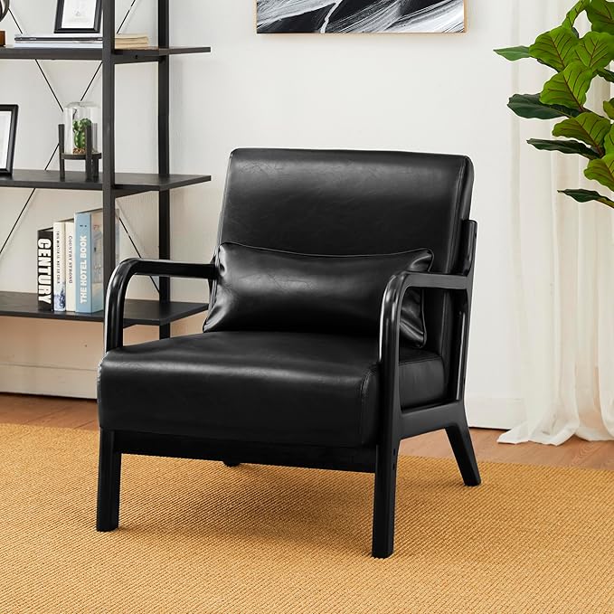 Glitzhome Accent Armchair with Walnut Ruberwood Frame Black PU Leather Lounge Chair for Living Room