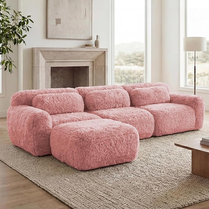115 Boneless Couches Sectional Modular Sofa Cloud Couch with Double Cushions 3 Seater L-Shaped Sofa Set for Living Room Pink