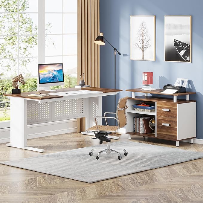 Tribesigns 63 Inch Executive Desk with File Cabinet L Shaped Office Desk with Drawers and Storage Shelves Business Furniture Set Workstation for Home Office White and Walnut