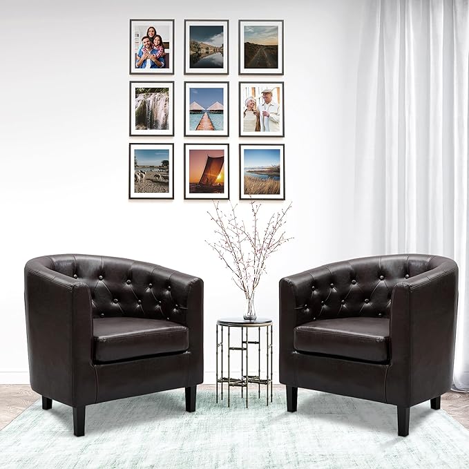Modern Tufted Faux Leather Accent Chair with Barrel Back Design Thick Cushions &amp Wood Legs – Elegant Statement Chair for Living Room &amp Home Décor