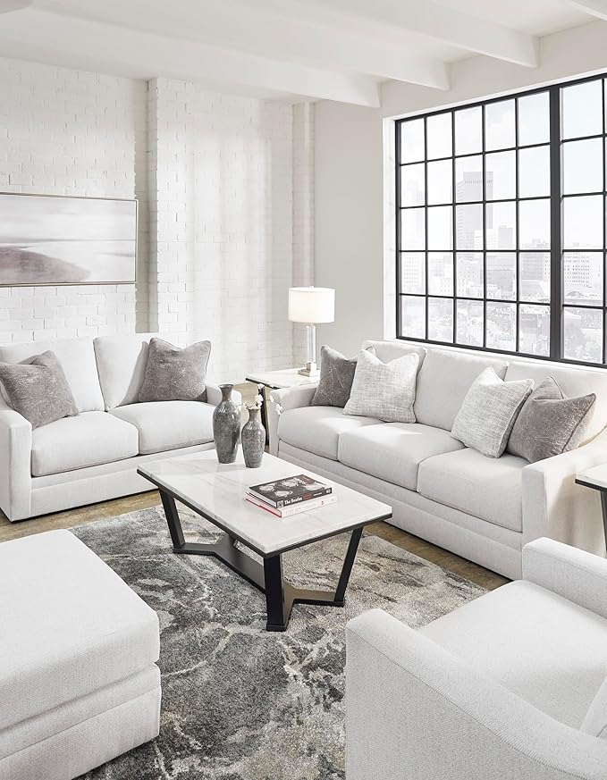 Signature Design by Ashley Maitelynn Contemporary Sofa with Accent Pillows Reversible Cushions and Sloped Arms Light Gray