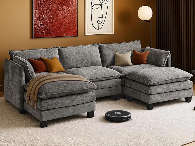 111” Modular Sectional Sofa L Shaped Cloud Couch with Ottoman Chenille Deep Seat Sofa with Pillow for Living Room Bedroom and Apartment5 Seats Light Grey